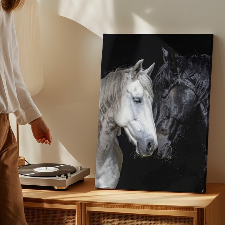 Unity in Contrast Canvas – Black and White Horses in Tender Embrace - Gifitto
