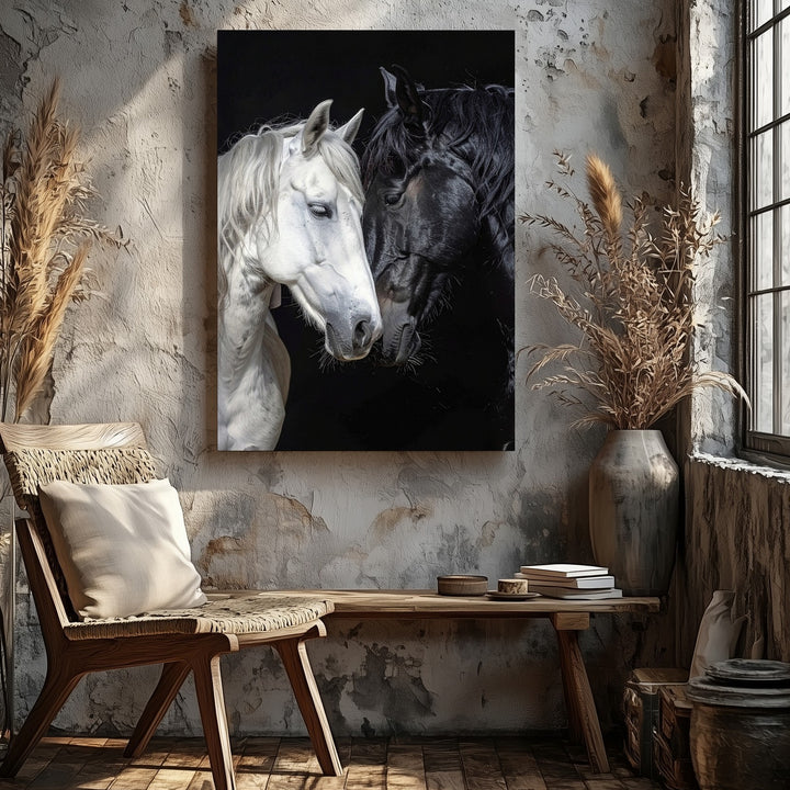 Unity in Contrast Canvas – Black and White Horses in Tender Embrace - Gifitto