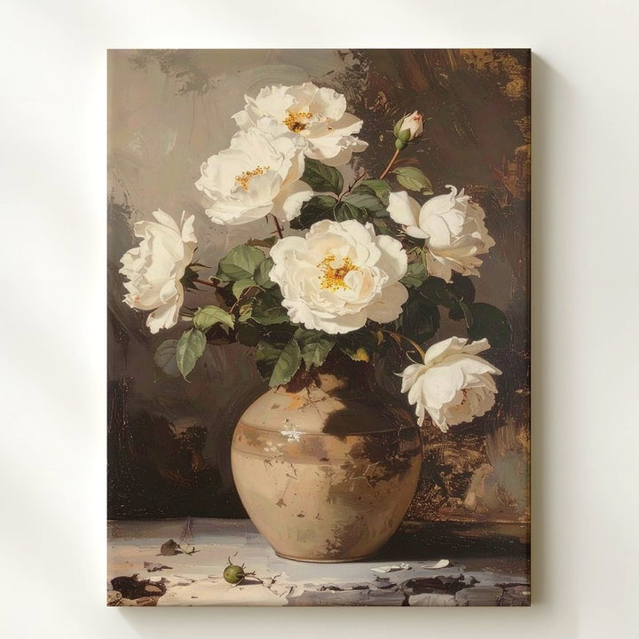 Timeless Rose Still Life Canvas – Classical White Roses in Rustic Clay Vase - Gifitto