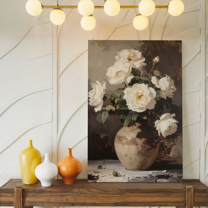 Timeless Rose Still Life Canvas – Classical White Roses in Rustic Clay Vase - Gifitto