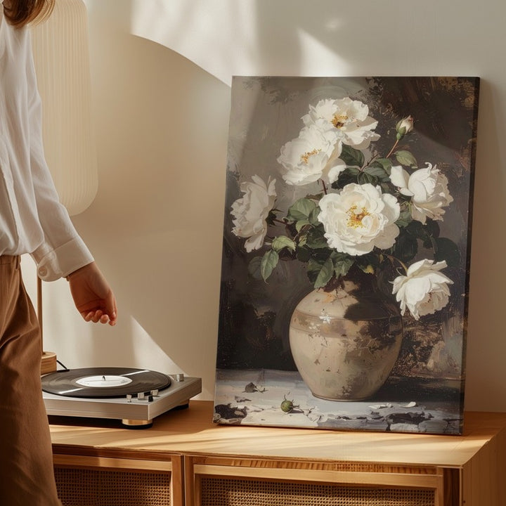 Timeless Rose Still Life Canvas – Classical White Roses in Rustic Clay Vase - Gifitto