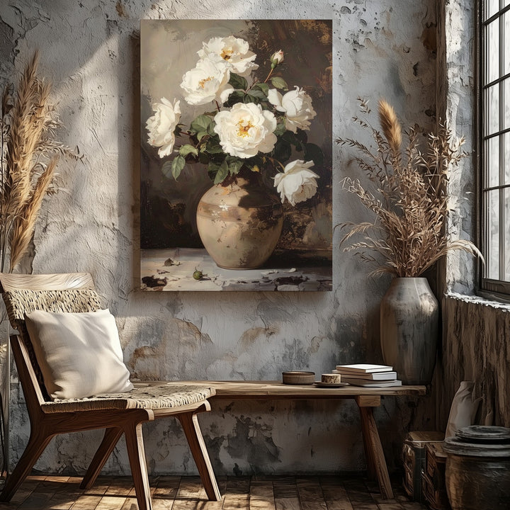 Timeless Rose Still Life Canvas – Classical White Roses in Rustic Clay Vase - Gifitto