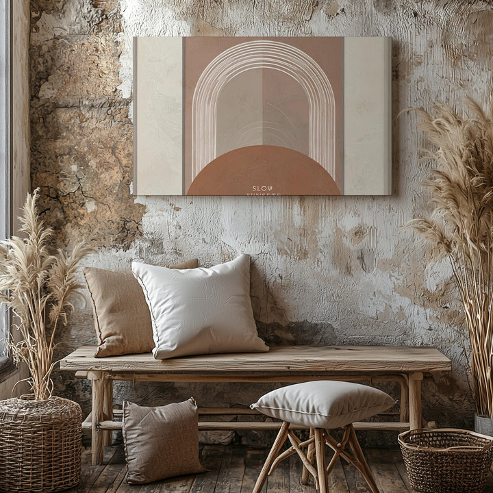 Slow Sunsets Arch Canvas – Geometric Minimalist Art with Terracotta & White Arch - Gifitto