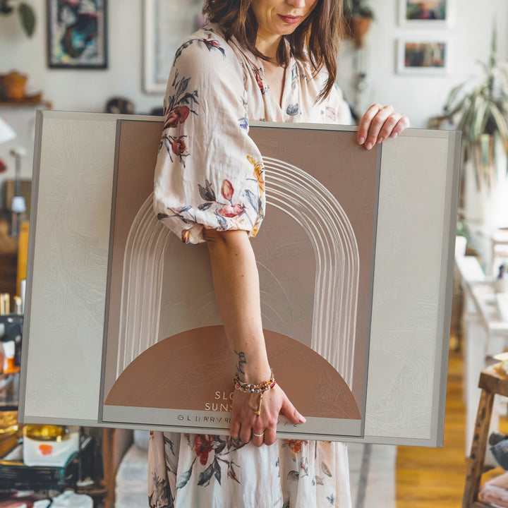 Slow Sunsets Arch Canvas – Geometric Minimalist Art with Terracotta & White Arch - Gifitto