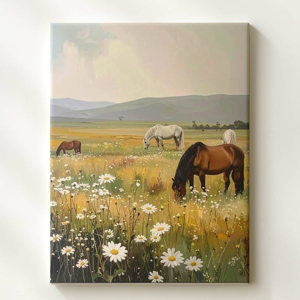 Meadow Grace Canvas – Horses Grazing in a Wildflower Pasture - Gifitto