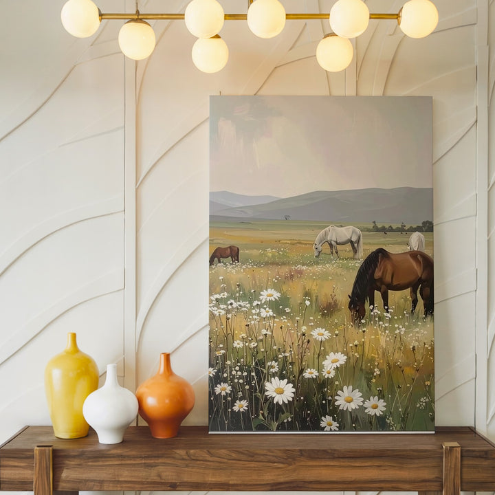 Meadow Grace Canvas – Horses Grazing in a Wildflower Pasture - Gifitto
