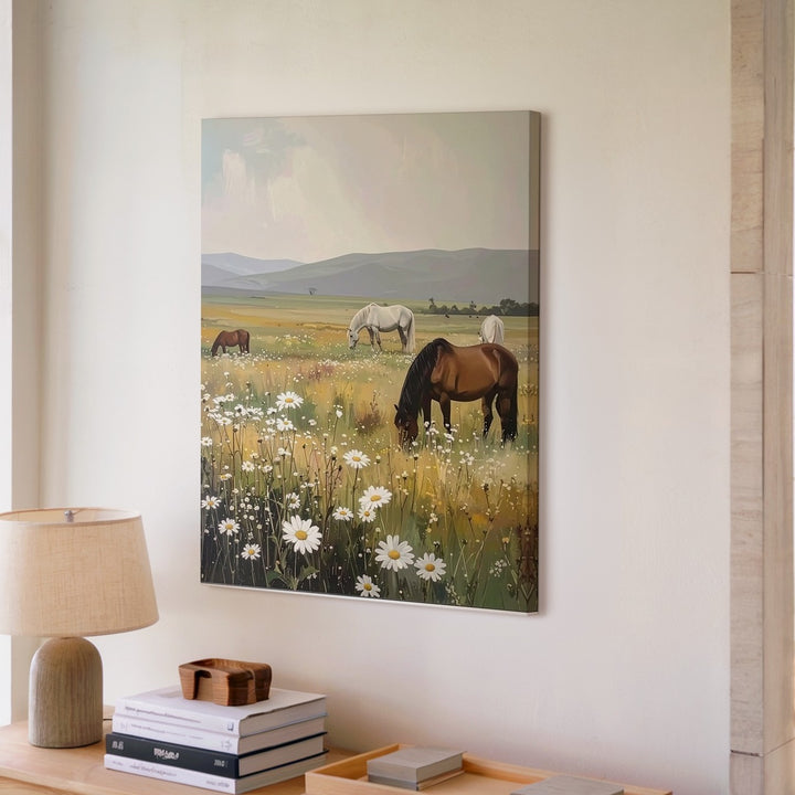 Meadow Grace Canvas – Horses Grazing in a Wildflower Pasture - Gifitto