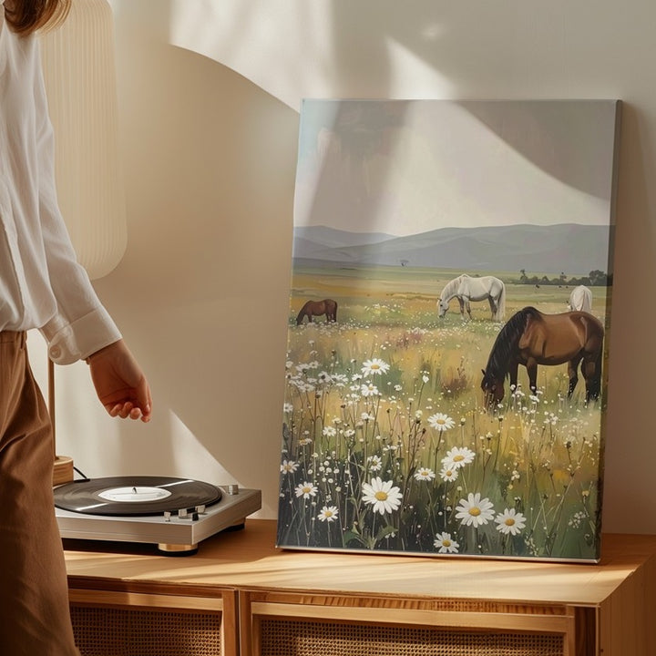 Meadow Grace Canvas – Horses Grazing in a Wildflower Pasture - Gifitto