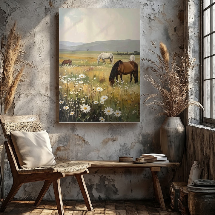 Meadow Grace Canvas – Horses Grazing in a Wildflower Pasture - Gifitto