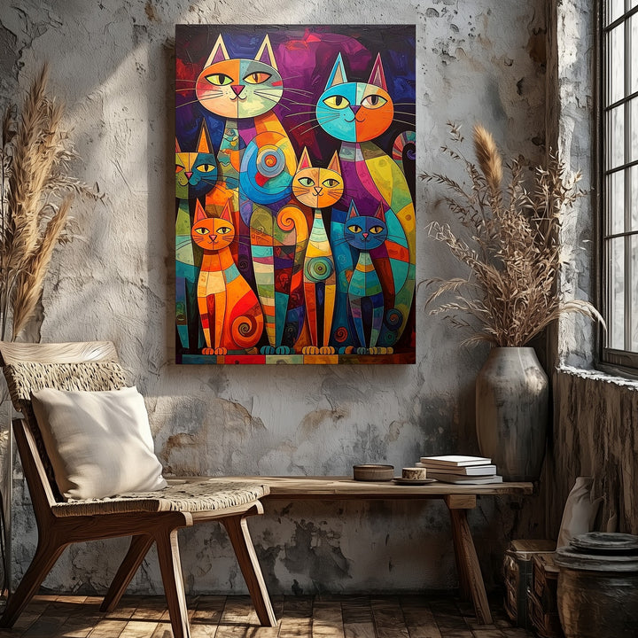 Surreal Cat Lineup Canvas – Vibrant Abstract Mosaic-Style Feline Art - Gifitto