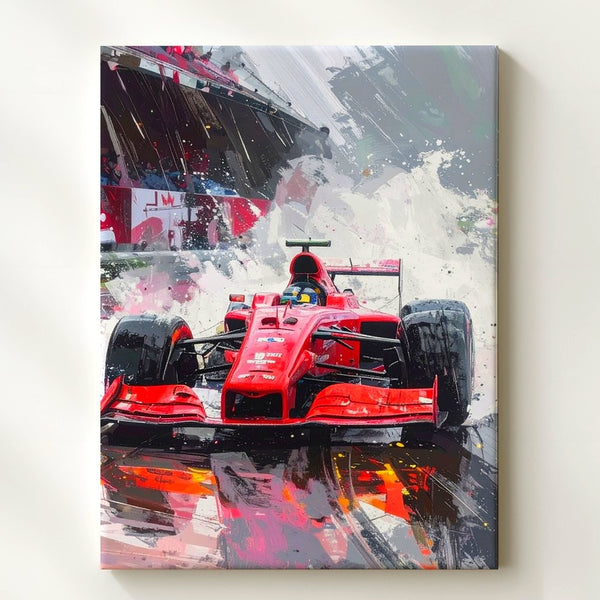 Red Ferrari F1 Rain Canvas – Explosive Wet Track Racing Wall Art - Gifitto