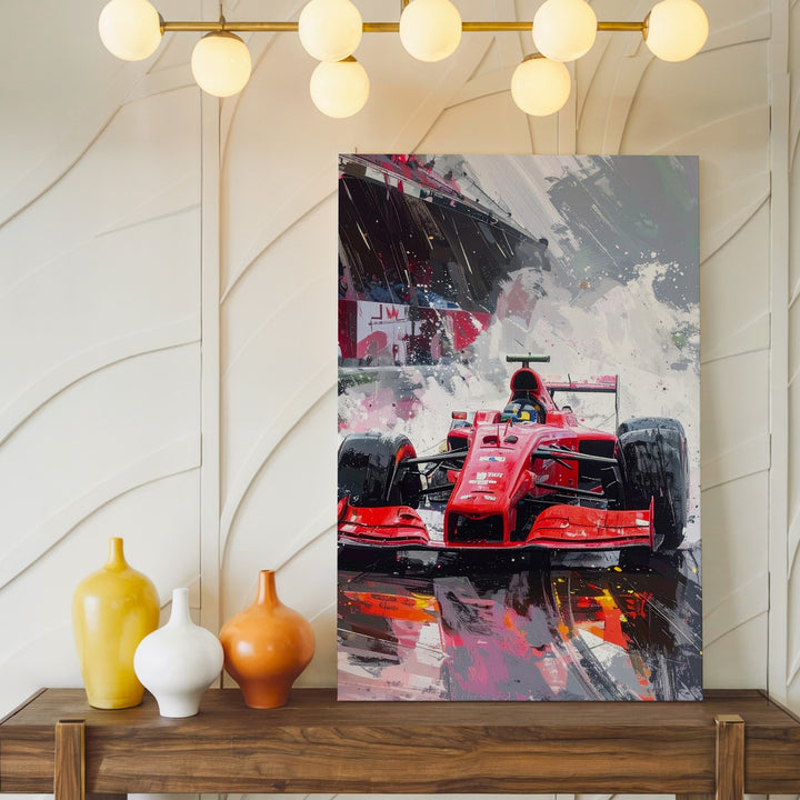 Red Ferrari F1 Rain Canvas – Explosive Wet Track Racing Wall Art - Gifitto