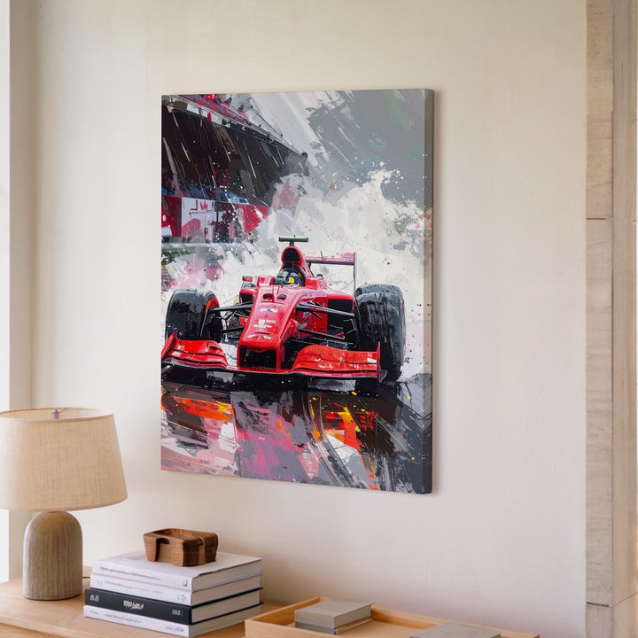 Red Ferrari F1 Rain Canvas – Explosive Wet Track Racing Wall Art - Gifitto
