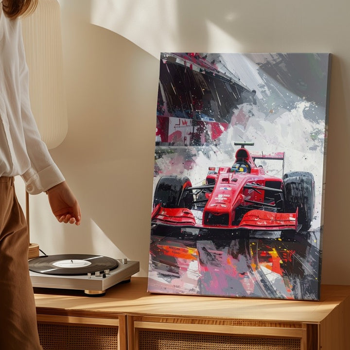 Red Ferrari F1 Rain Canvas – Explosive Wet Track Racing Wall Art - Gifitto