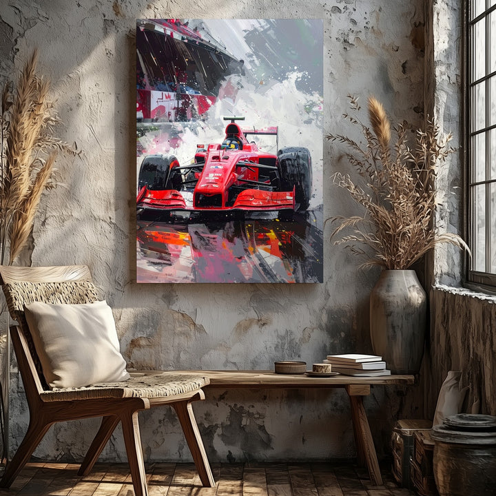 Red Ferrari F1 Rain Canvas – Explosive Wet Track Racing Wall Art - Gifitto