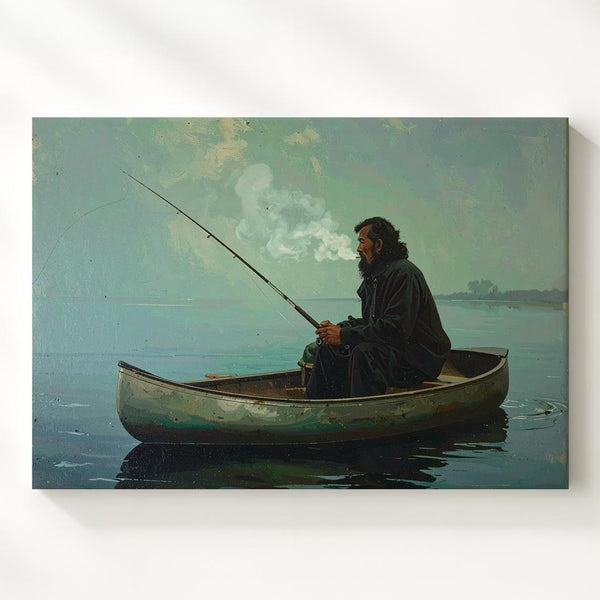 Solitary Fisherman Canvas – Atmospheric Lake Scene of Stillness & Reflection - Gifitto