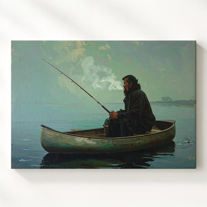 Solitary Fisherman Canvas – Atmospheric Lake Scene of Stillness & Reflection - Gifitto