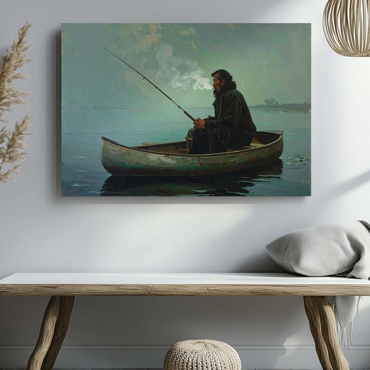 Solitary Fisherman Canvas – Atmospheric Lake Scene of Stillness & Reflection - Gifitto