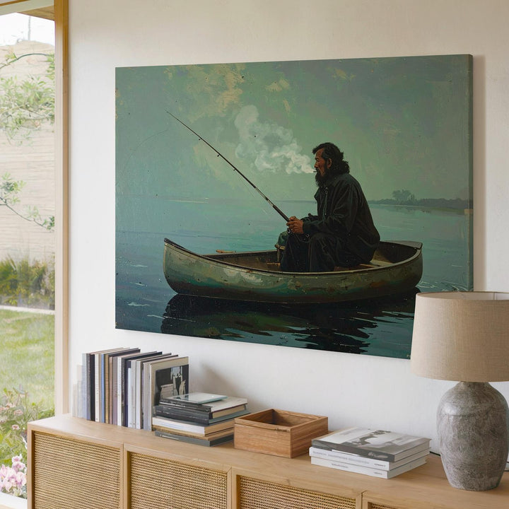 Solitary Fisherman Canvas – Atmospheric Lake Scene of Stillness & Reflection - Gifitto