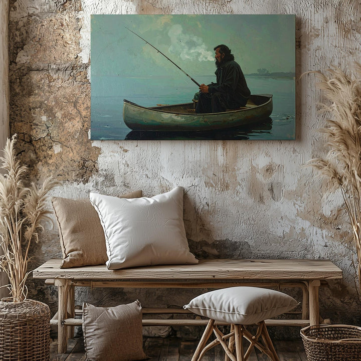 Solitary Fisherman Canvas – Atmospheric Lake Scene of Stillness & Reflection - Gifitto