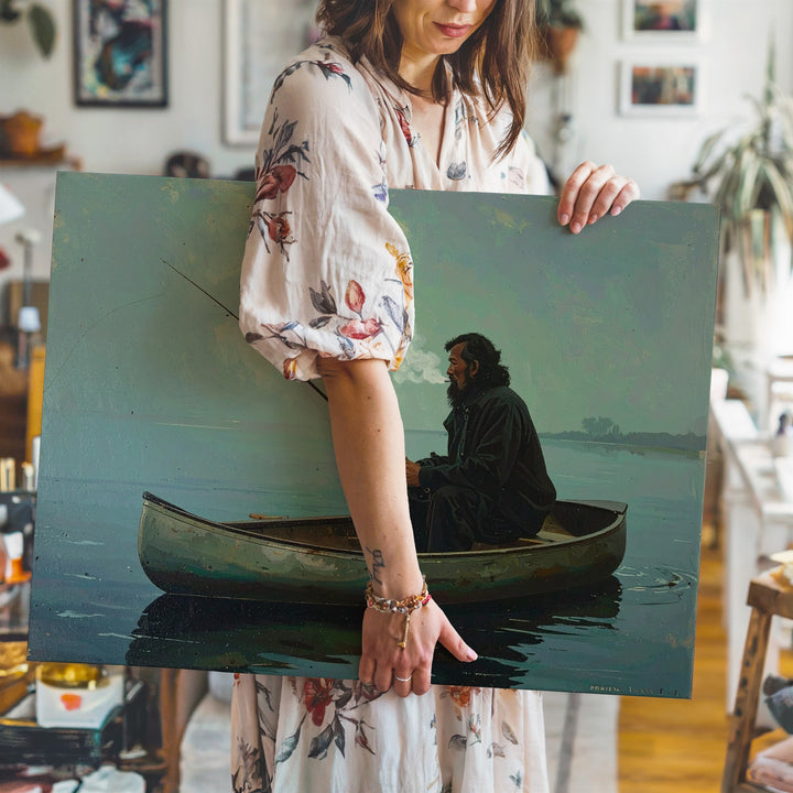 Solitary Fisherman Canvas – Atmospheric Lake Scene of Stillness & Reflection - Gifitto
