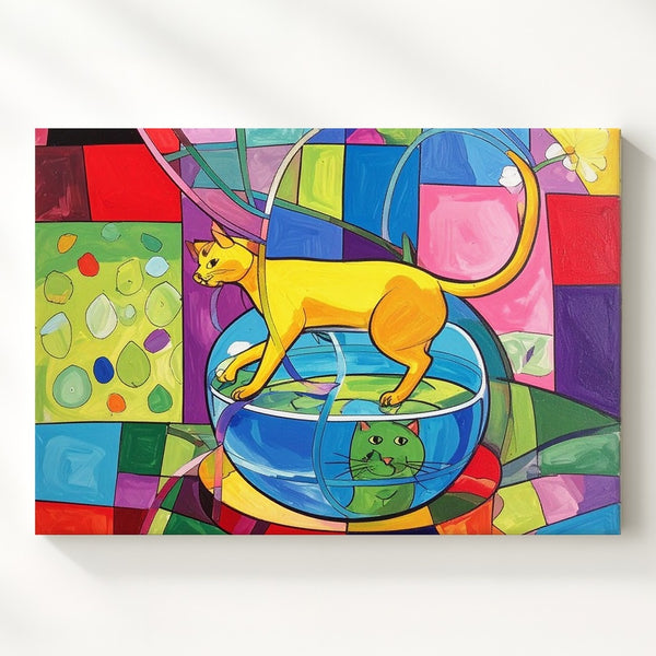 Whimsical Feline Pop Art Canvas – Playful Yellow Cat & Colorful Fishbowl Design - Gifitto