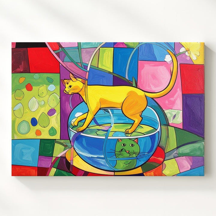 Whimsical Feline Pop Art Canvas – Playful Yellow Cat & Colorful Fishbowl Design - Gifitto