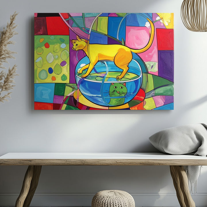 Whimsical Feline Pop Art Canvas – Playful Yellow Cat & Colorful Fishbowl Design - Gifitto