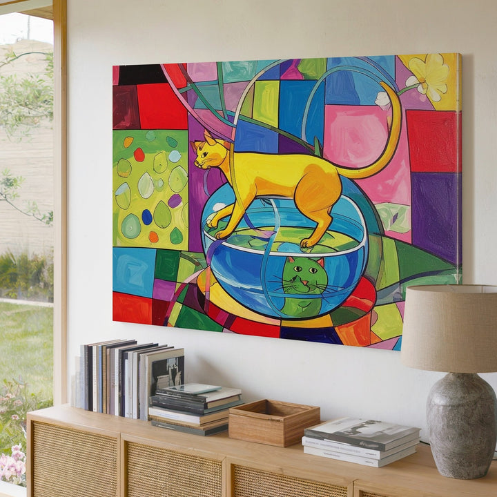 Whimsical Feline Pop Art Canvas – Playful Yellow Cat & Colorful Fishbowl Design - Gifitto