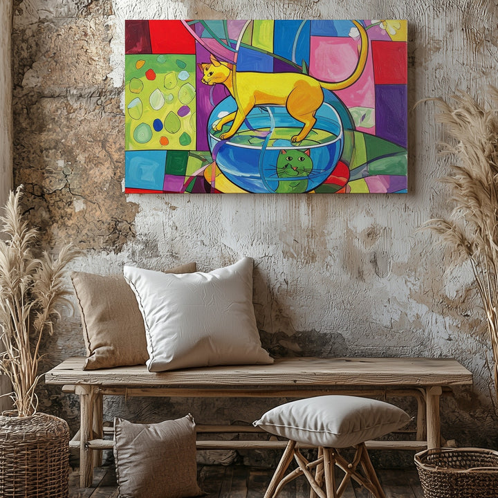 Whimsical Feline Pop Art Canvas – Playful Yellow Cat & Colorful Fishbowl Design - Gifitto