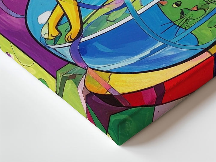 Whimsical Feline Pop Art Canvas – Playful Yellow Cat & Colorful Fishbowl Design - Gifitto