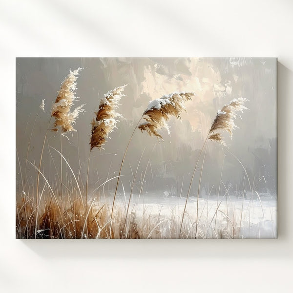 Golden Reeds in Winter Canvas – Minimalist Snow-Dusted Nature Art - Gifitto
