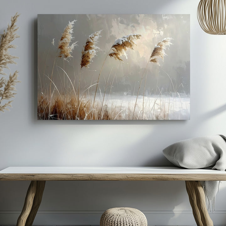 Golden Reeds in Winter Canvas – Minimalist Snow-Dusted Nature Art - Gifitto