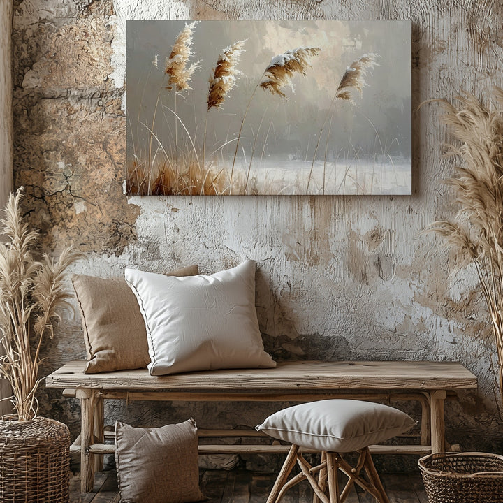 Golden Reeds in Winter Canvas – Minimalist Snow-Dusted Nature Art - Gifitto