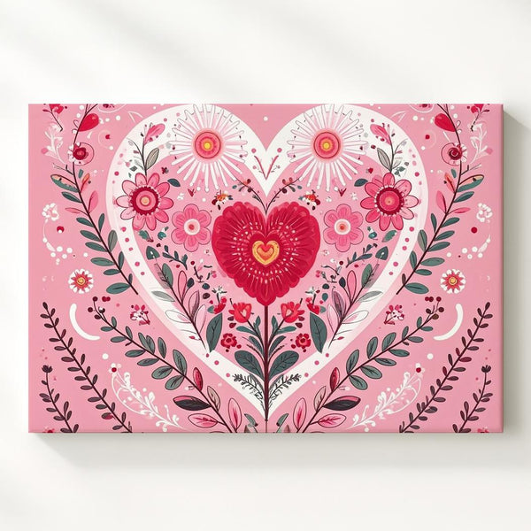 Floral Heart Canvas – Hand-Drawn Botanical Folk Art in Pink Tones - Gifitto