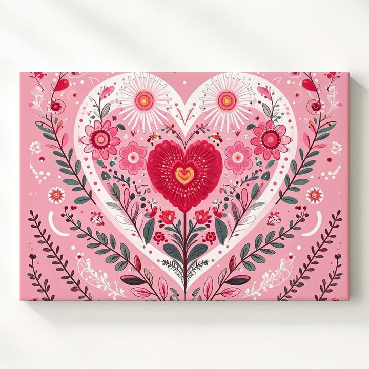 Floral Heart Canvas – Hand-Drawn Botanical Folk Art in Pink Tones - Gifitto