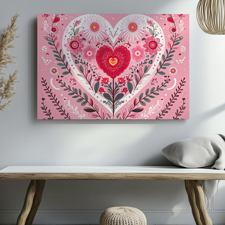 Floral Heart Canvas – Hand-Drawn Botanical Folk Art in Pink Tones - Gifitto