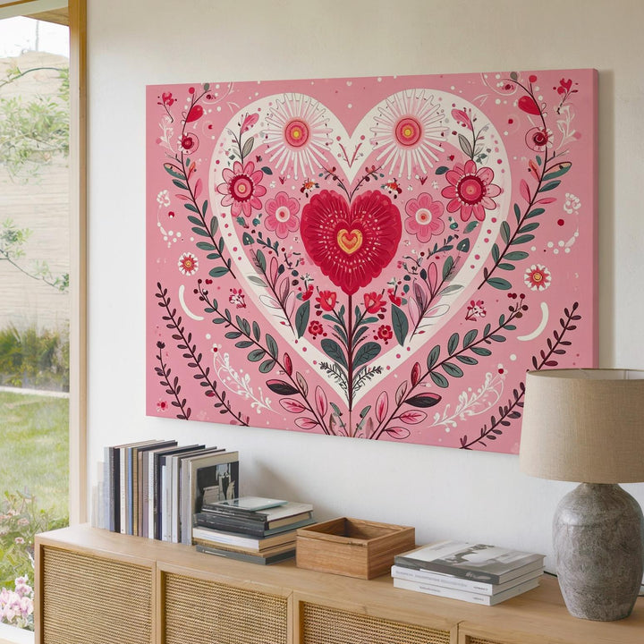 Floral Heart Canvas – Hand-Drawn Botanical Folk Art in Pink Tones - Gifitto