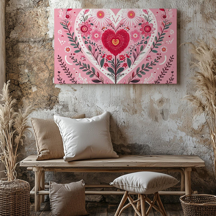 Floral Heart Canvas – Hand-Drawn Botanical Folk Art in Pink Tones - Gifitto