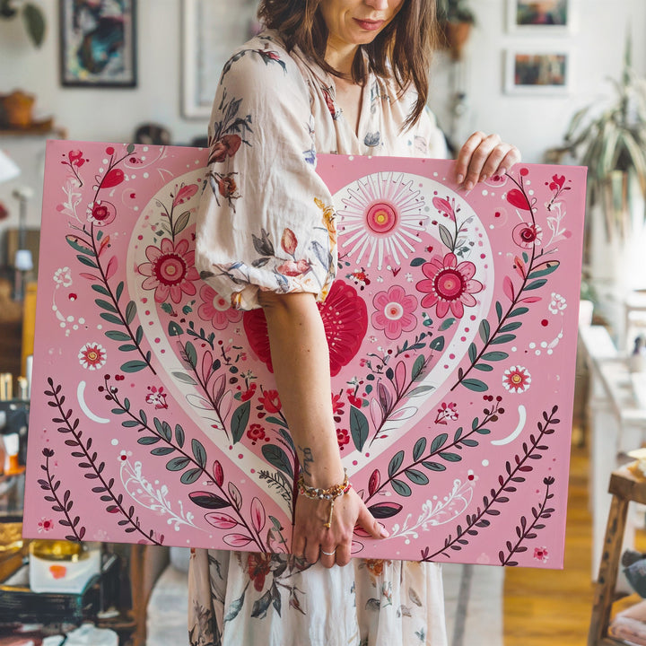 Floral Heart Canvas – Hand-Drawn Botanical Folk Art in Pink Tones - Gifitto