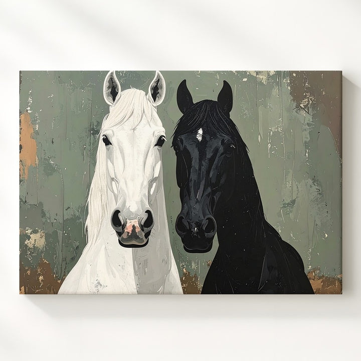 Dual Spirit Horses Canvas – Minimalist Black & White Symbolic Wall Art - Gifitto