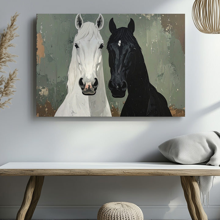 Dual Spirit Horses Canvas – Minimalist Black & White Symbolic Wall Art - Gifitto