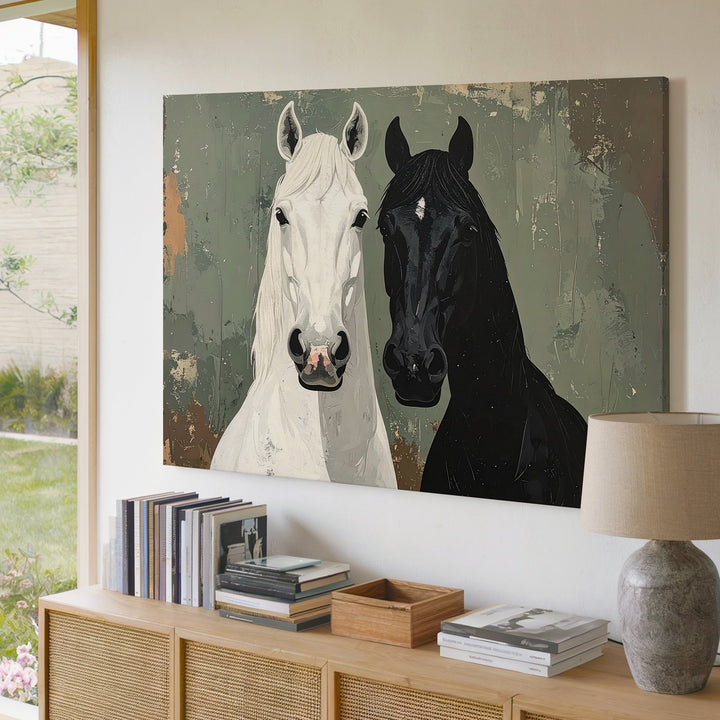 Dual Spirit Horses Canvas – Minimalist Black & White Symbolic Wall Art - Gifitto