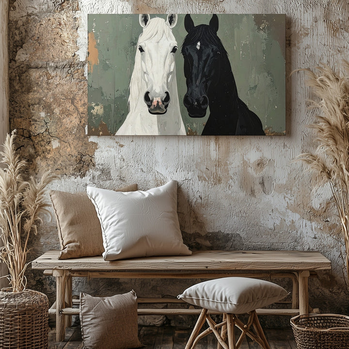 Dual Spirit Horses Canvas – Minimalist Black & White Symbolic Wall Art - Gifitto
