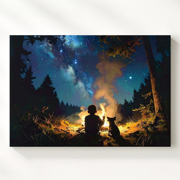Starry Night Forest Canvas – Child & Dog by Campfire Wall Art - Gifitto