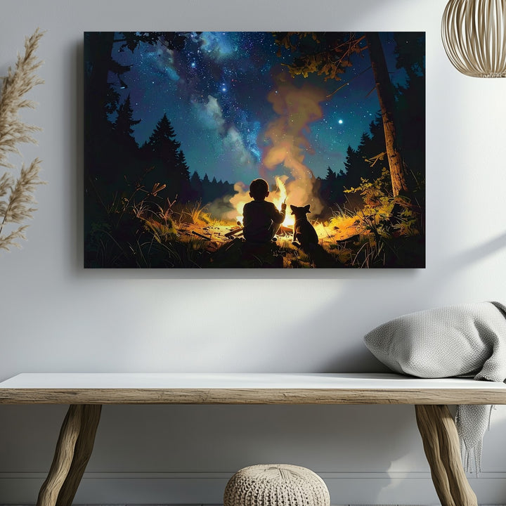 Starry Night Forest Canvas – Child & Dog by Campfire Wall Art - Gifitto