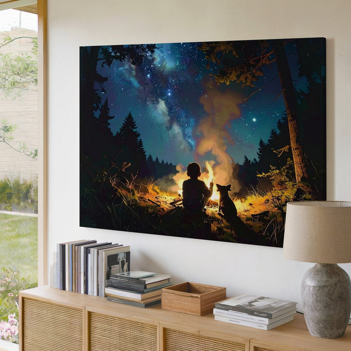 Starry Night Forest Canvas – Child & Dog by Campfire Wall Art - Gifitto