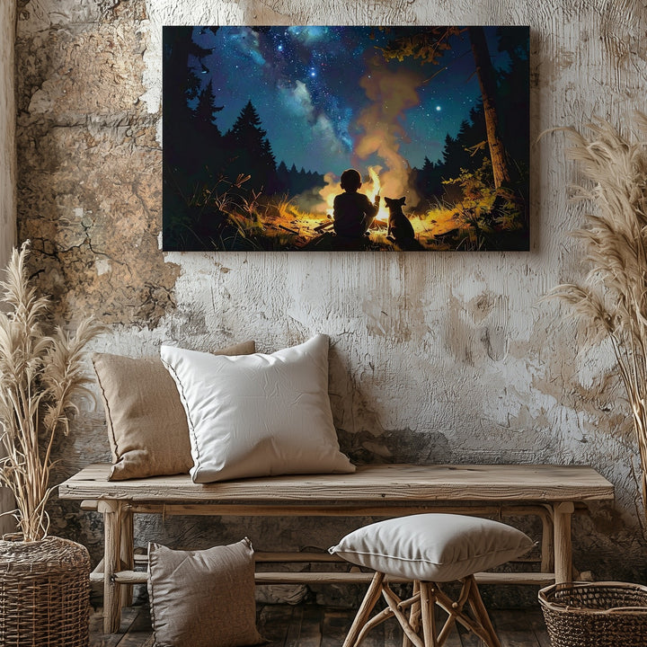 Starry Night Forest Canvas – Child & Dog by Campfire Wall Art - Gifitto