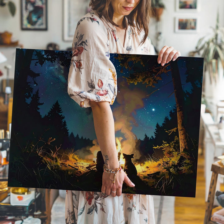 Starry Night Forest Canvas – Child & Dog by Campfire Wall Art - Gifitto