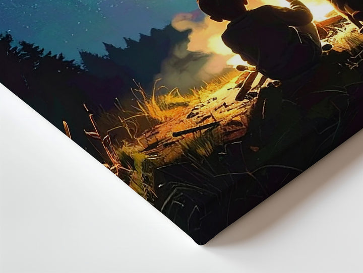 Starry Night Forest Canvas – Child & Dog by Campfire Wall Art - Gifitto